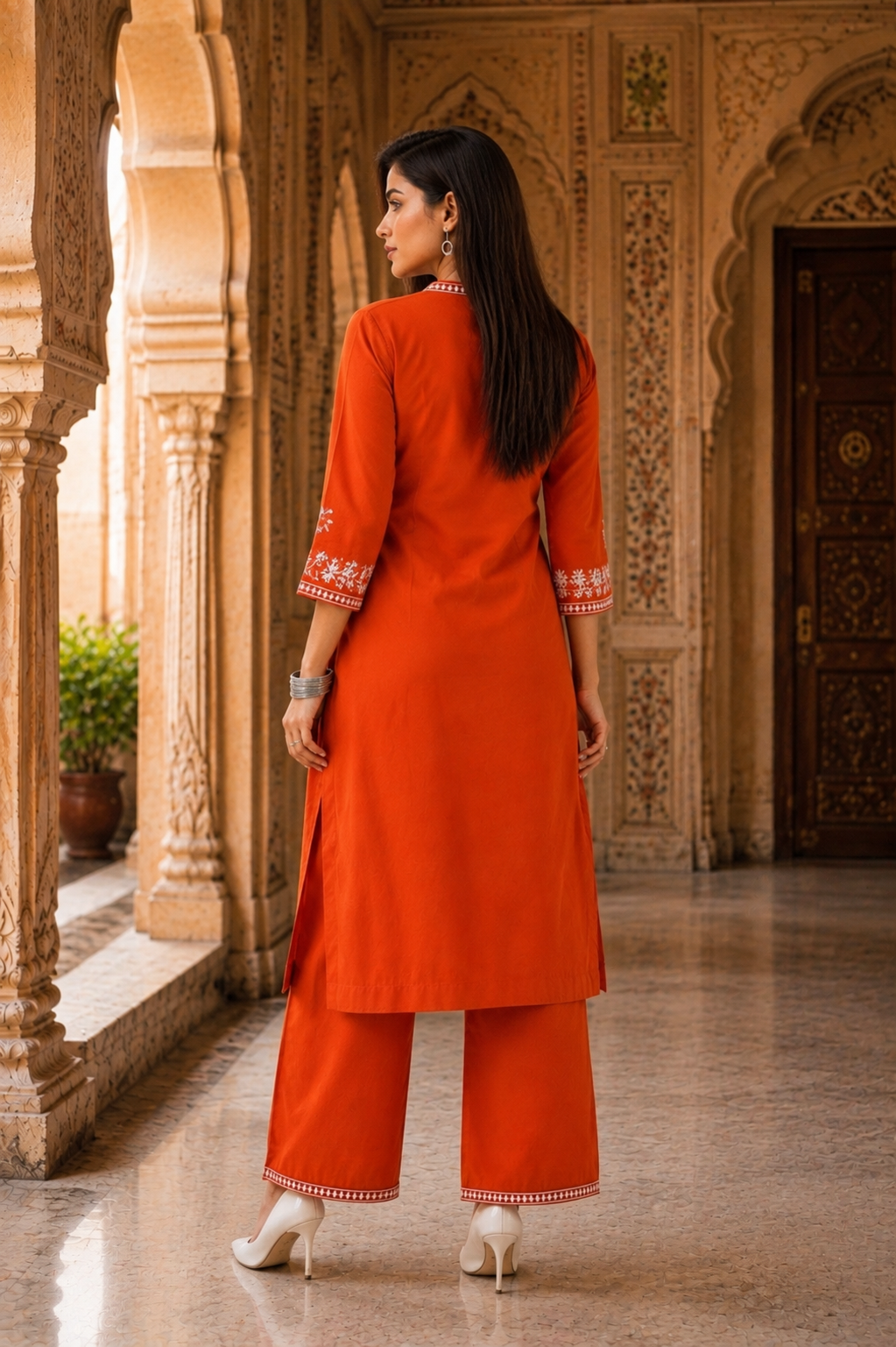 Rust Orange Embroidered Kurta with Palazzo Set