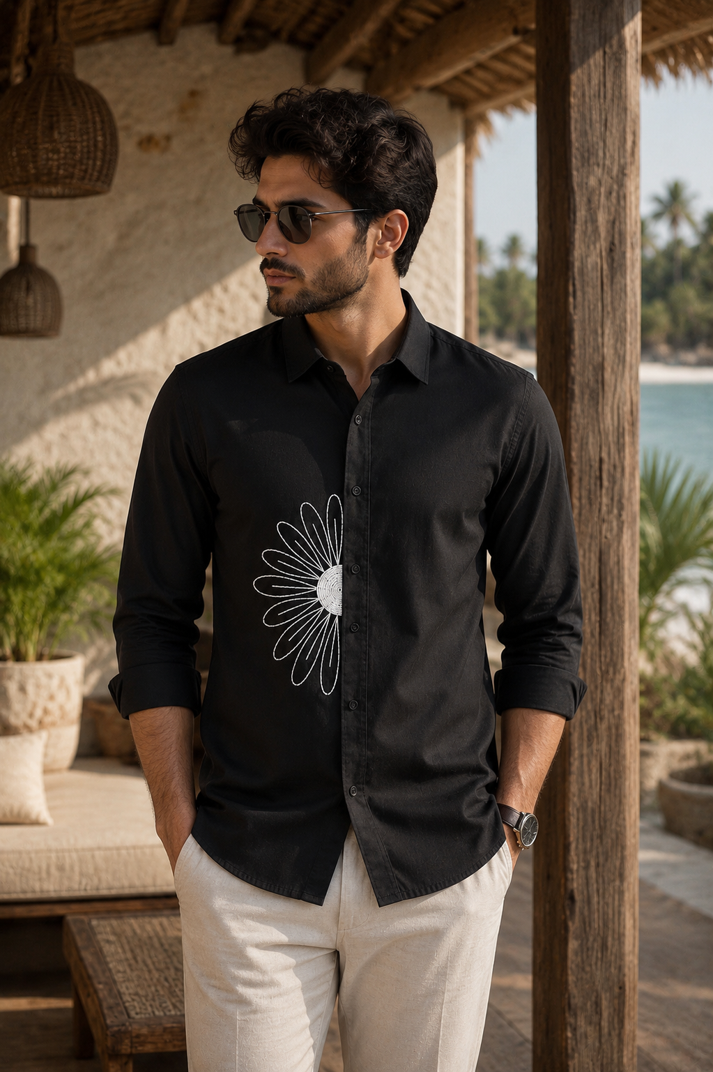Premium Flower Handwork Men’s Black Shirt
