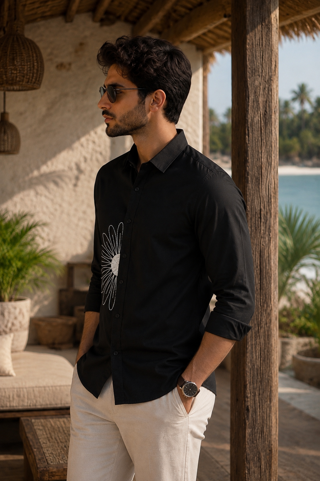 Premium Flower Handwork Men’s Black Shirt