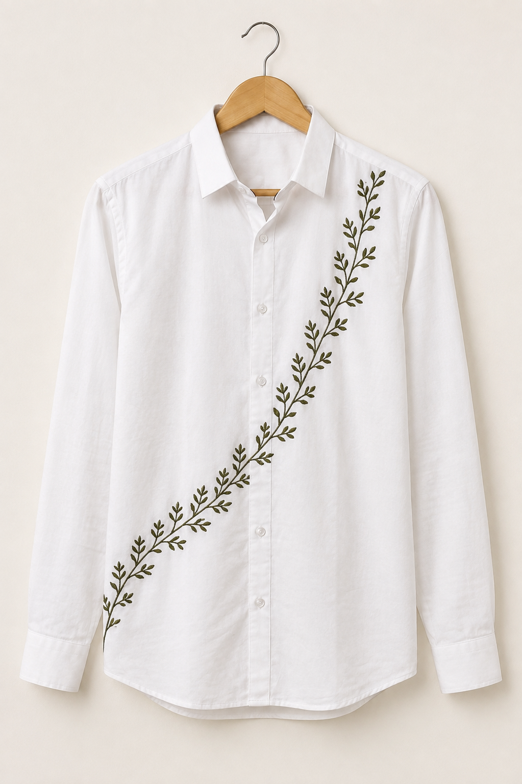 Premium Green Leaves Floral Handwork Men’s White Shirt