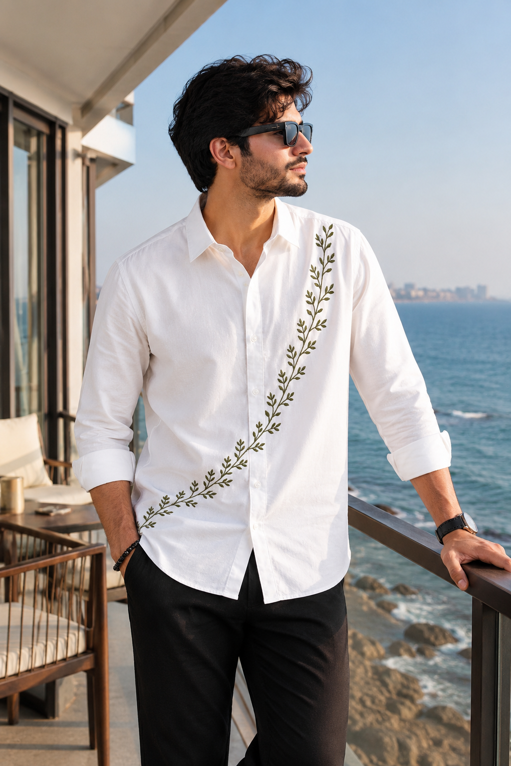 Premium Green Leaves Floral Handwork Men’s White Shirt