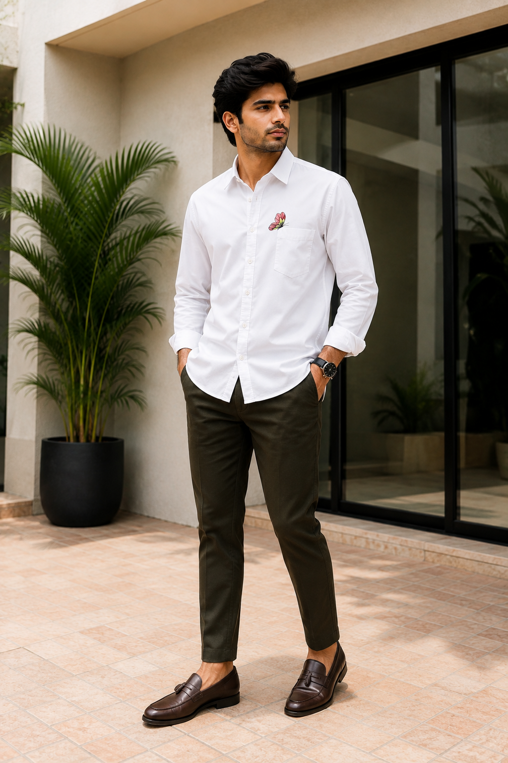 Premium Butterfly Pocket Handwork Men’s White Shirt