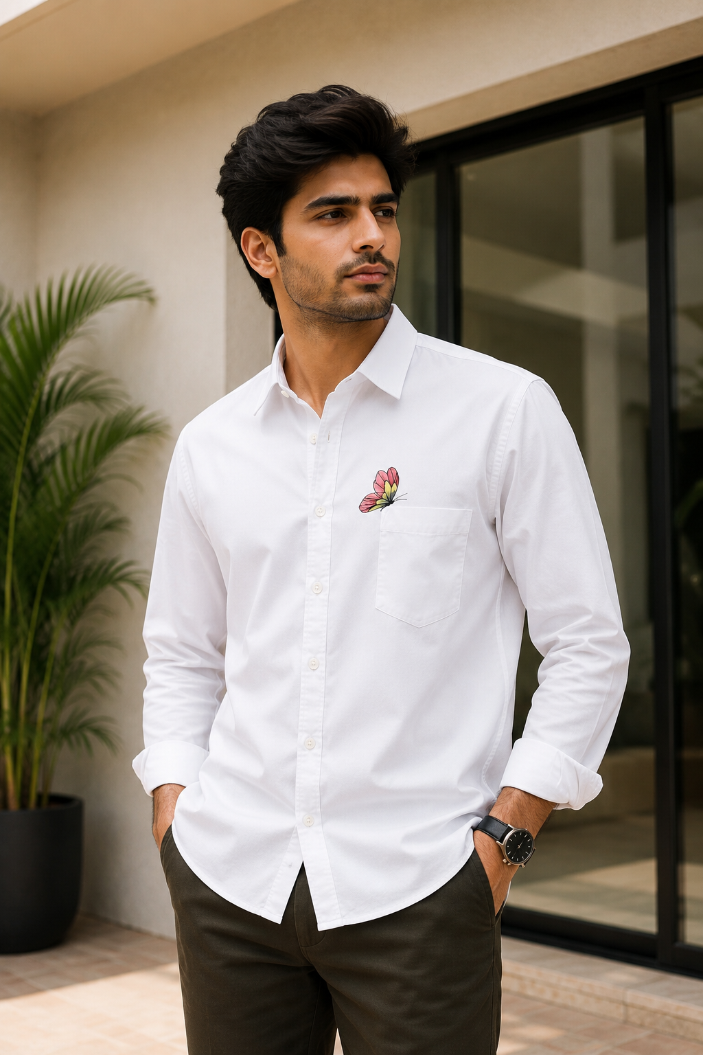 Premium Butterfly Pocket Handwork Men’s White Shirt