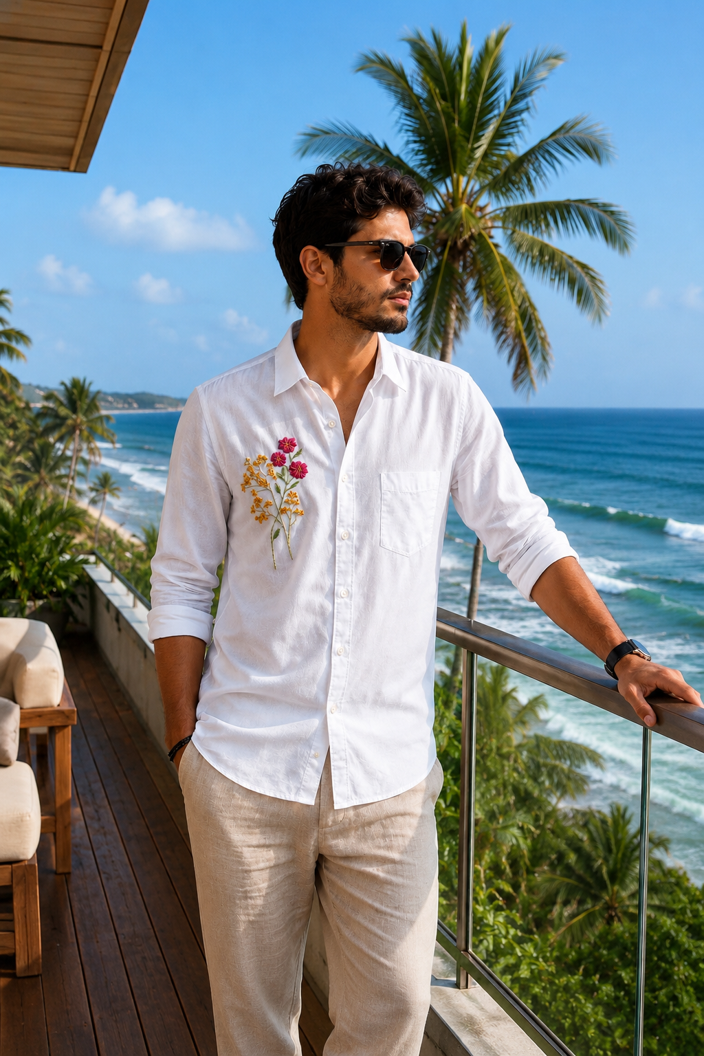Premium Pink Blossom Floral Handwork Men’s White Shirt