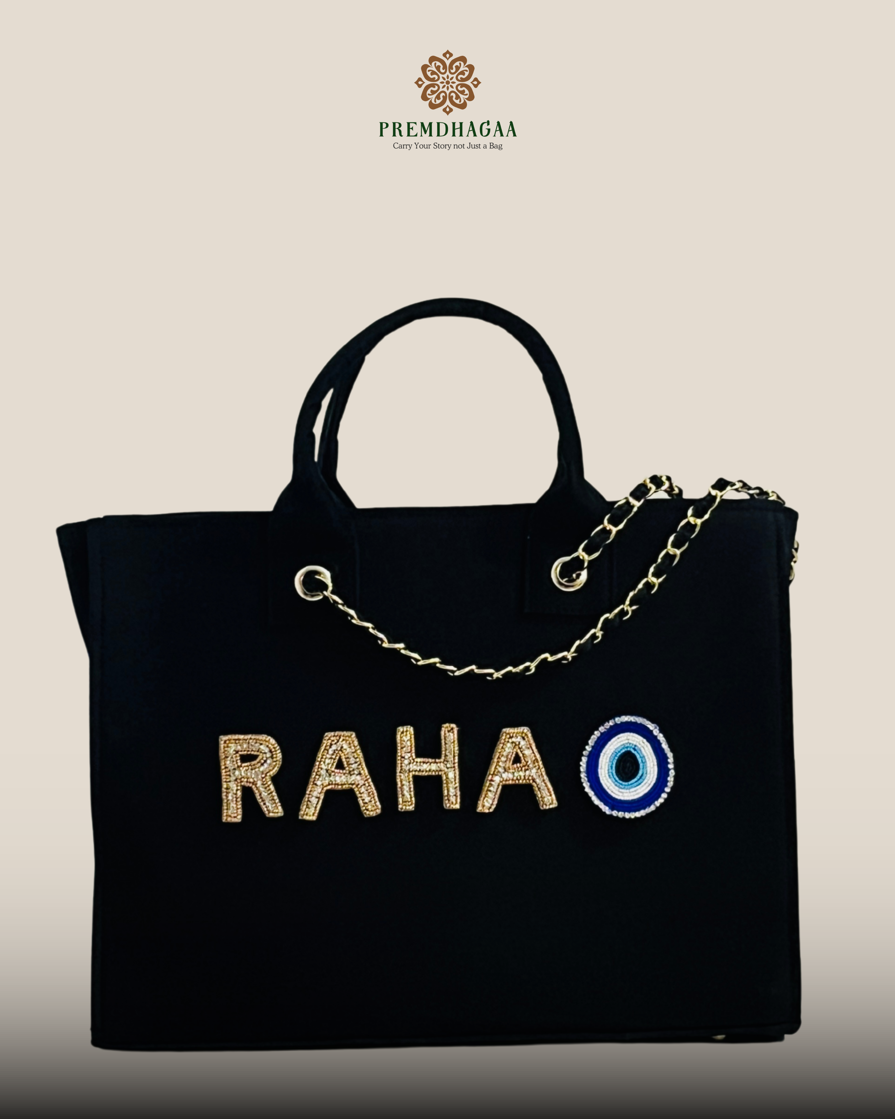 Customised Evil-eye canvas tote bags with diamond name