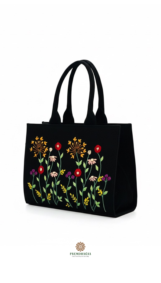 Hand Embroidery Garden Black tote bag