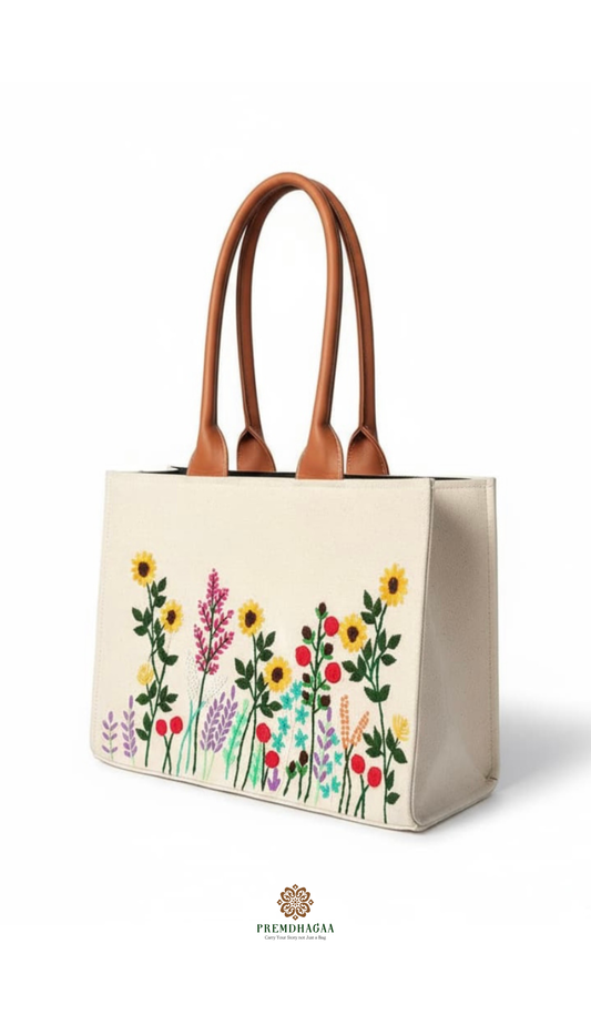 Hand Embroidery Garden Cream Tote bag