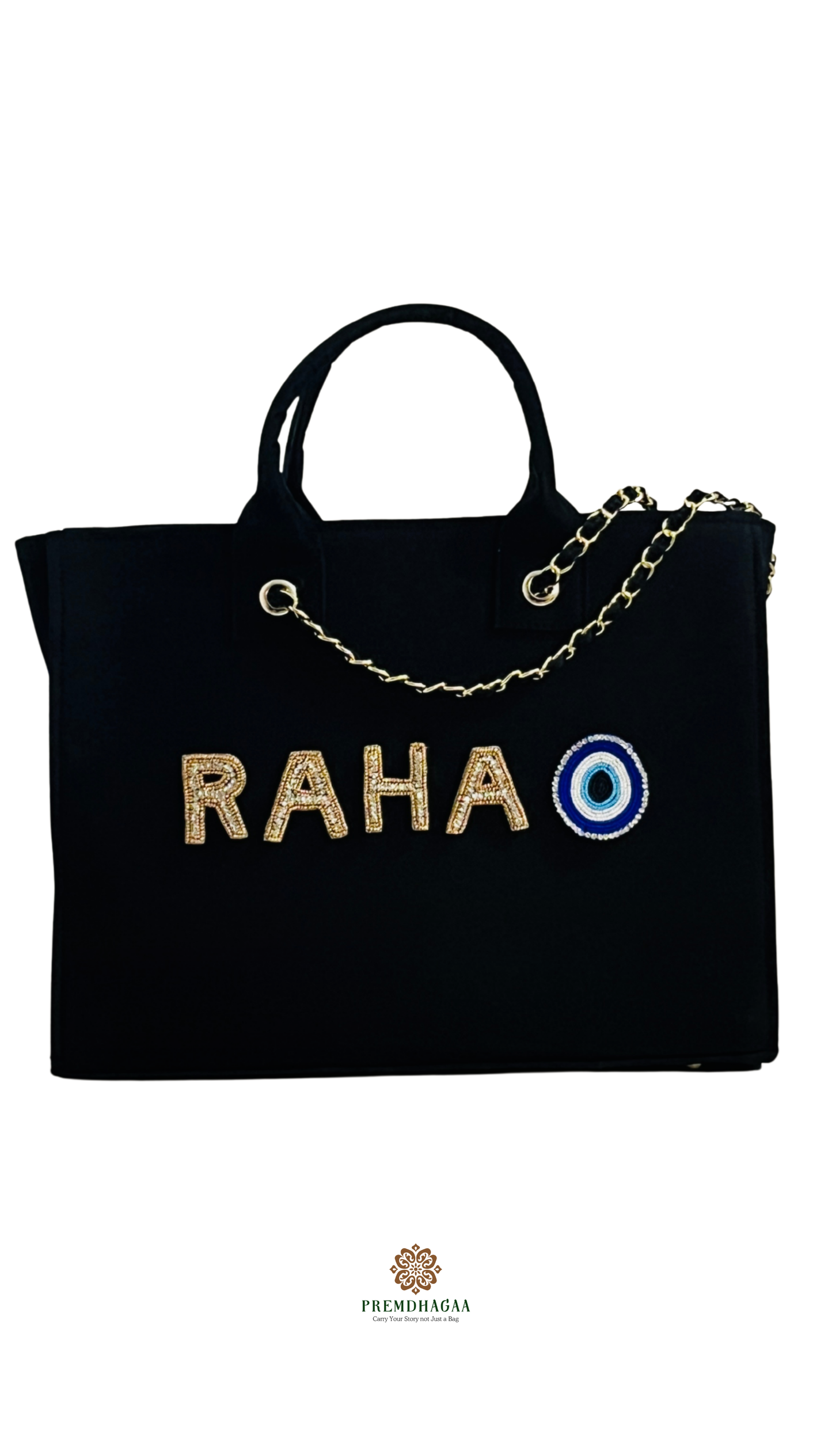 Customised Evil-eye canvas tote bags with diamond name