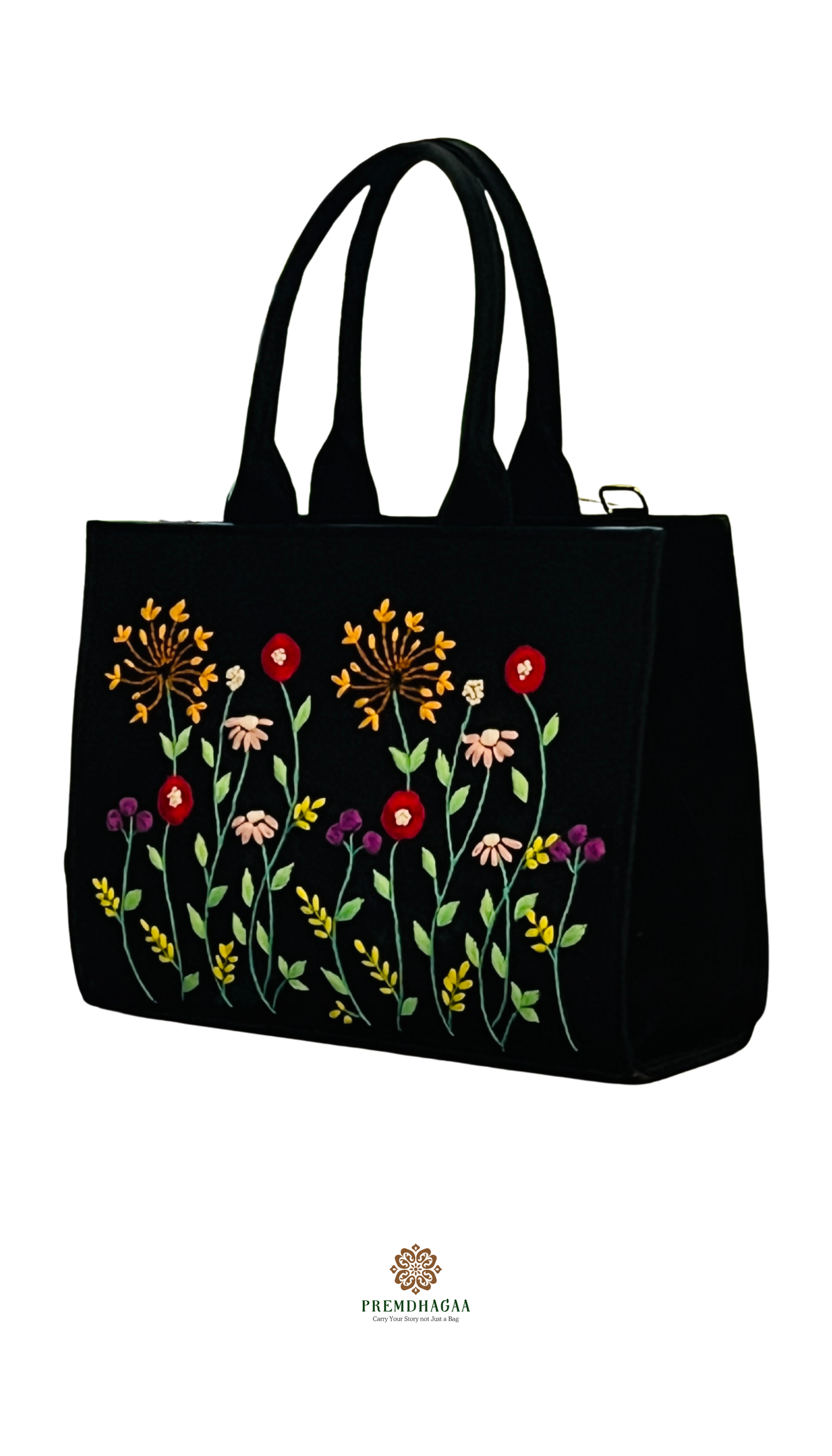 Hand Embroidery Garden Black tote bag