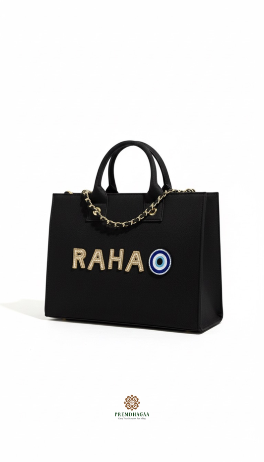 Customised Evil-eye canvas tote bags with diamond name
