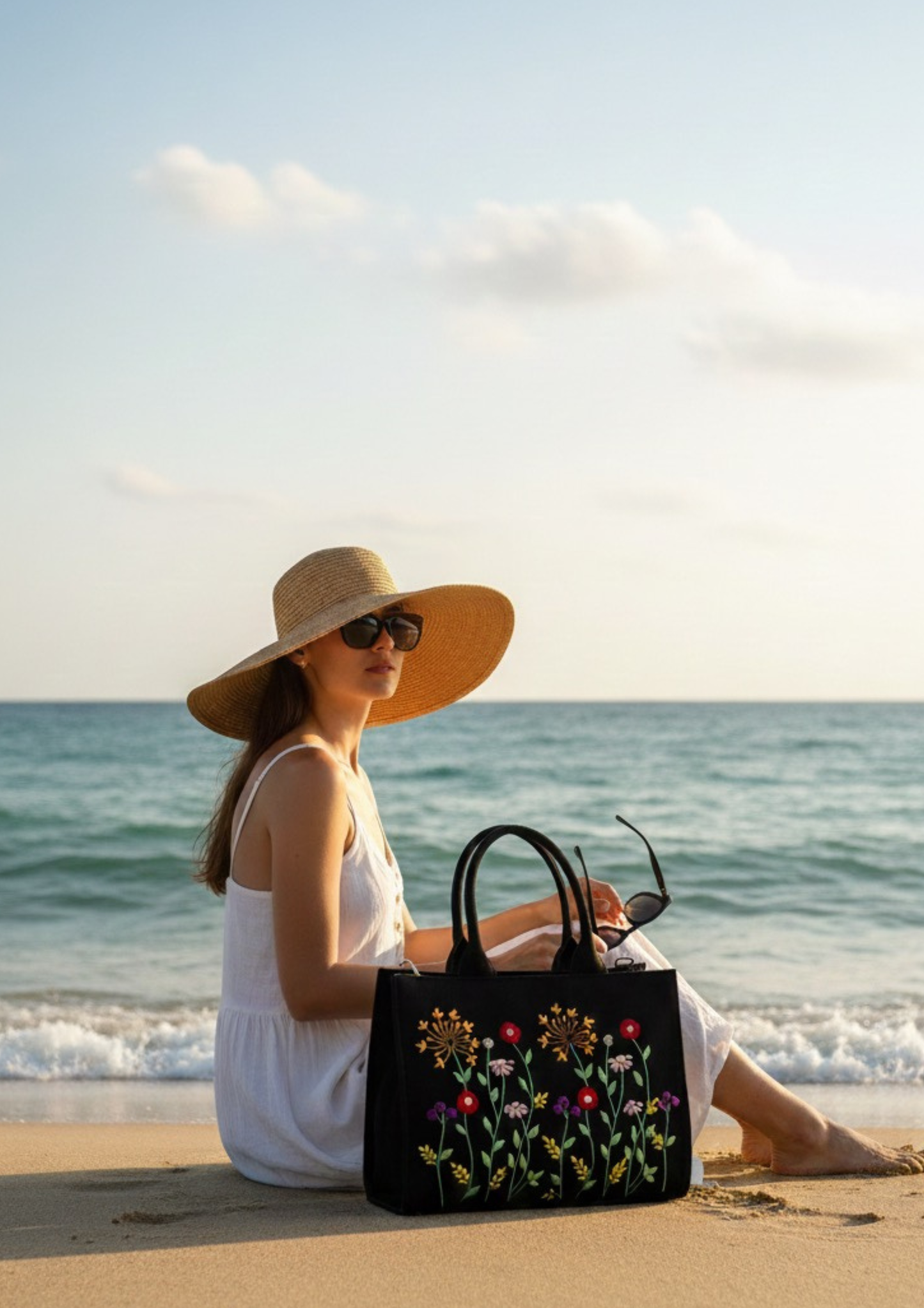 Hand Embroidery Garden Black tote bag