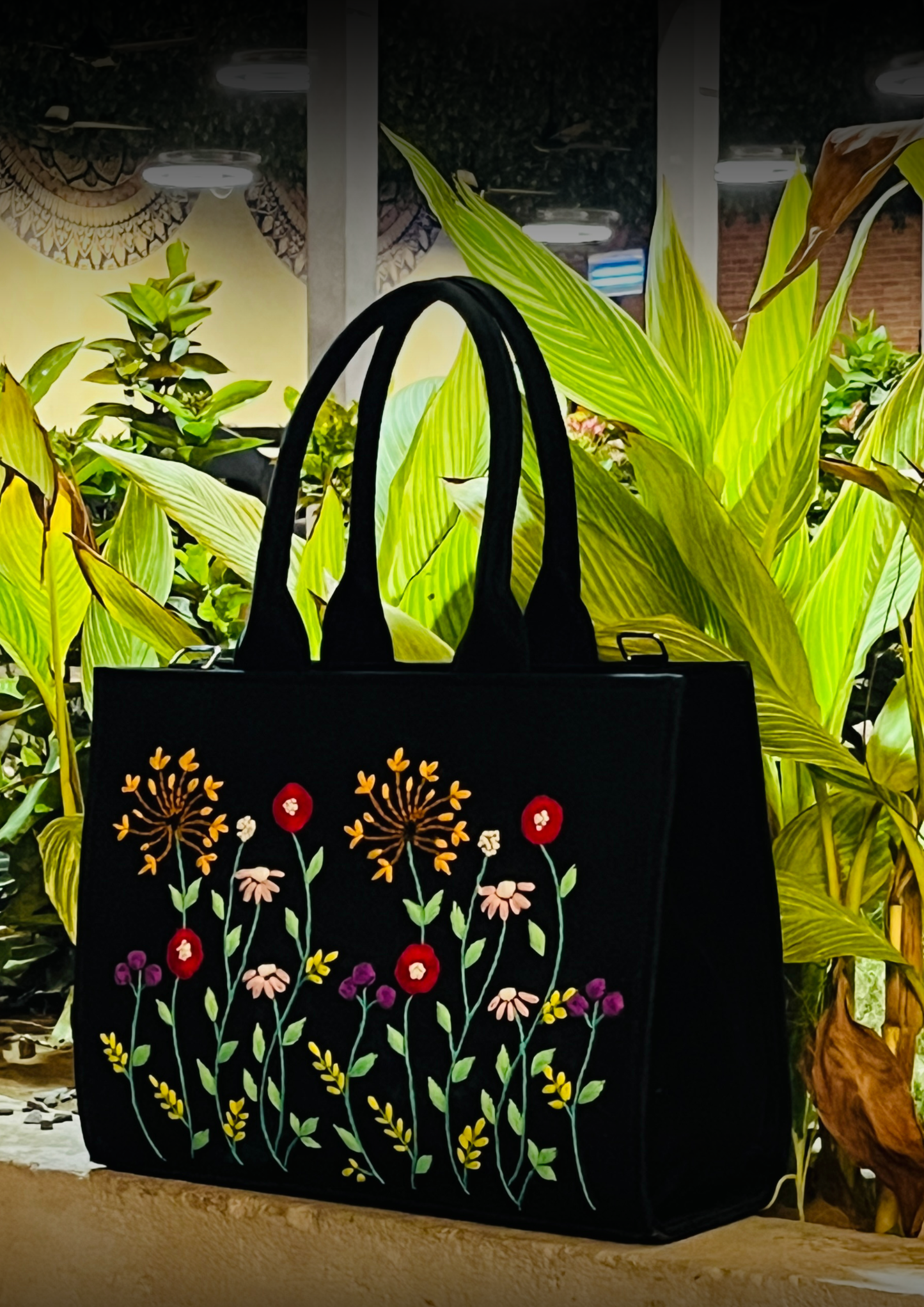 Hand Embroidery Garden Black tote bag
