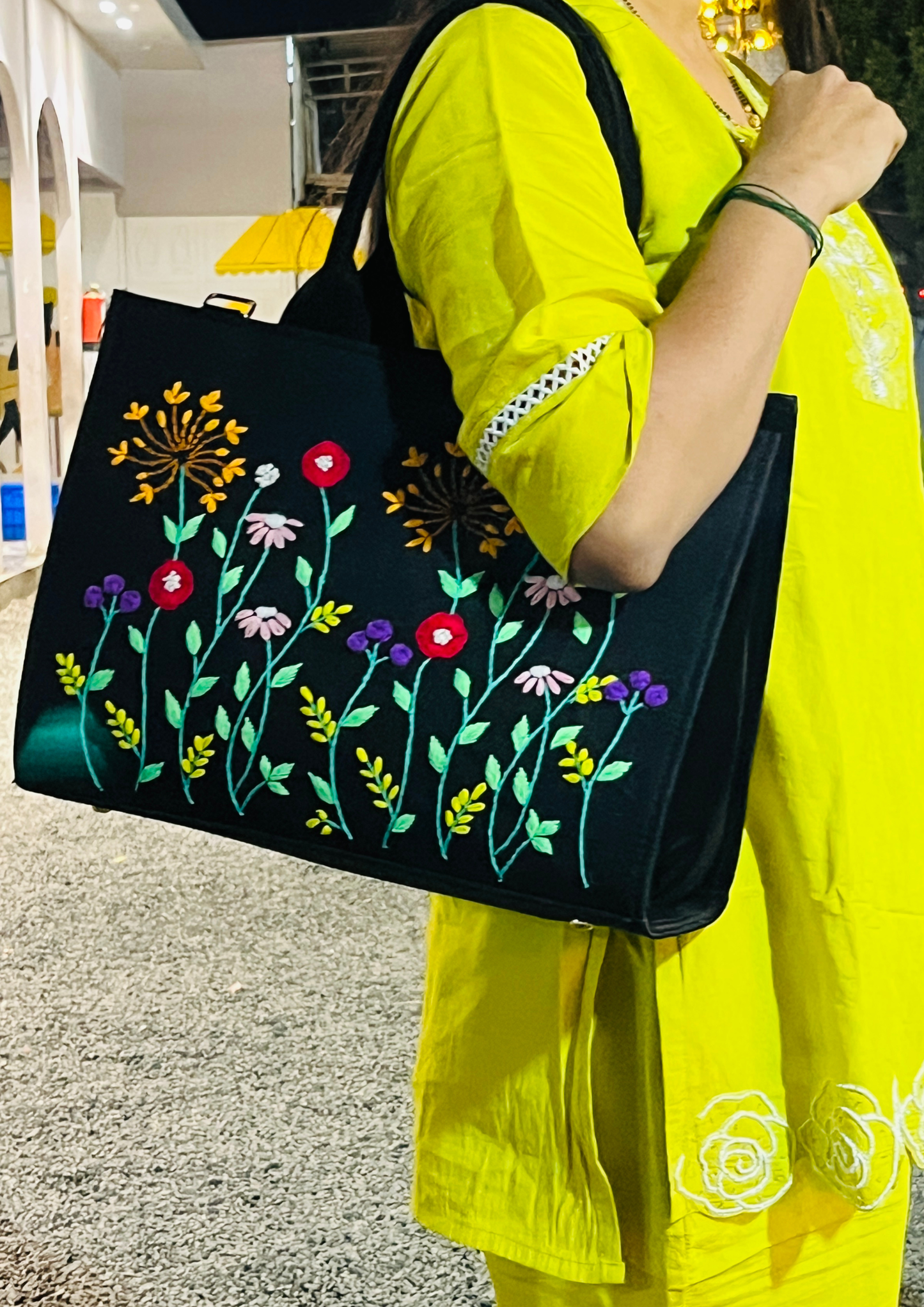 Hand Embroidery Garden Black tote bag