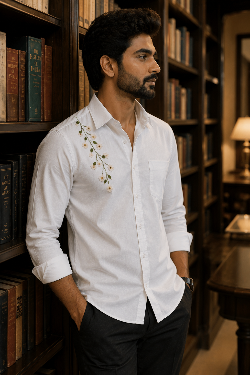 Premium Green Branch & Off-White Flower Handwork Men’s White Shirt