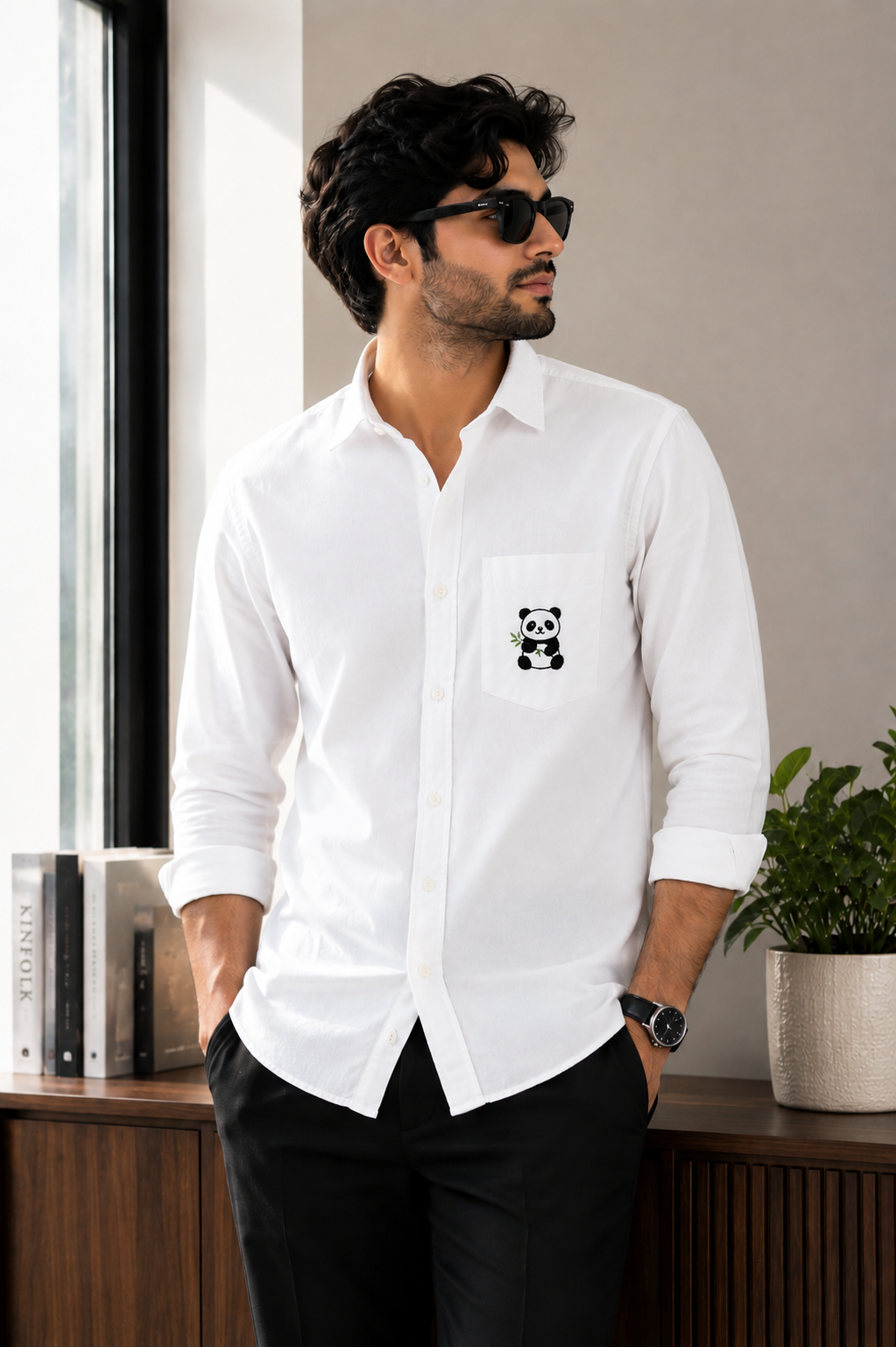 Premium Panda Bamboo Pocket Handwork Men’s White Shirt