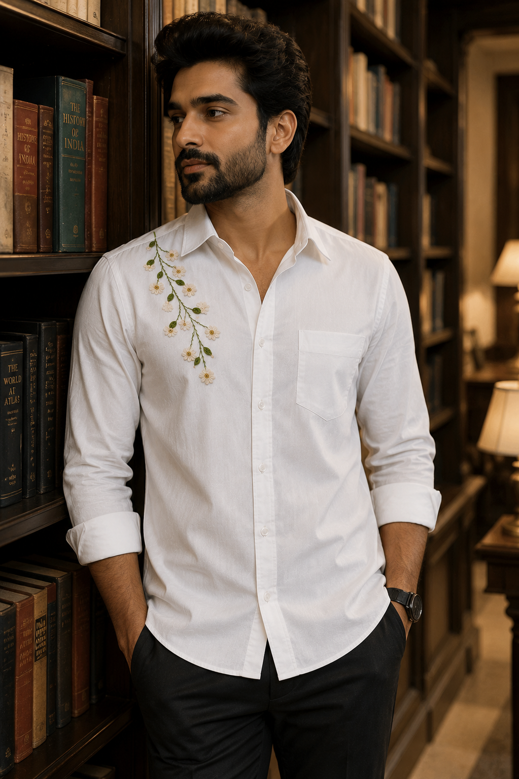 Premium Green Branch & Off-White Flower Handwork Men’s White Shirt