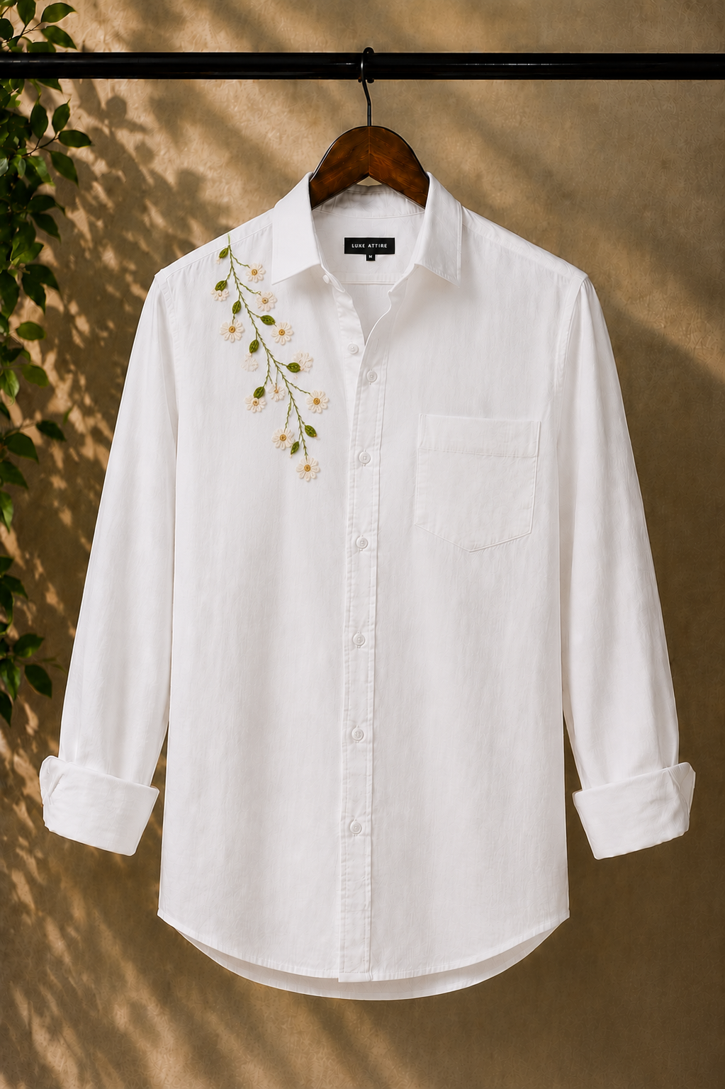 Premium Green Branch & Off-White Flower Handwork Men’s White Shirt