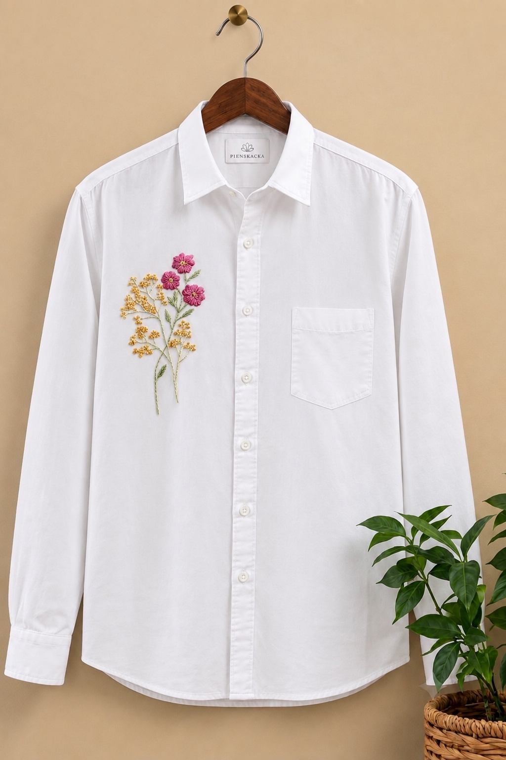 Premium Pink Blossom Floral Handwork Men’s White Shirt
