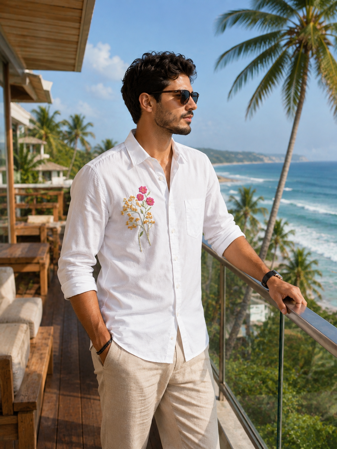 Premium Pink Blossom Floral Handwork Men’s White Shirt