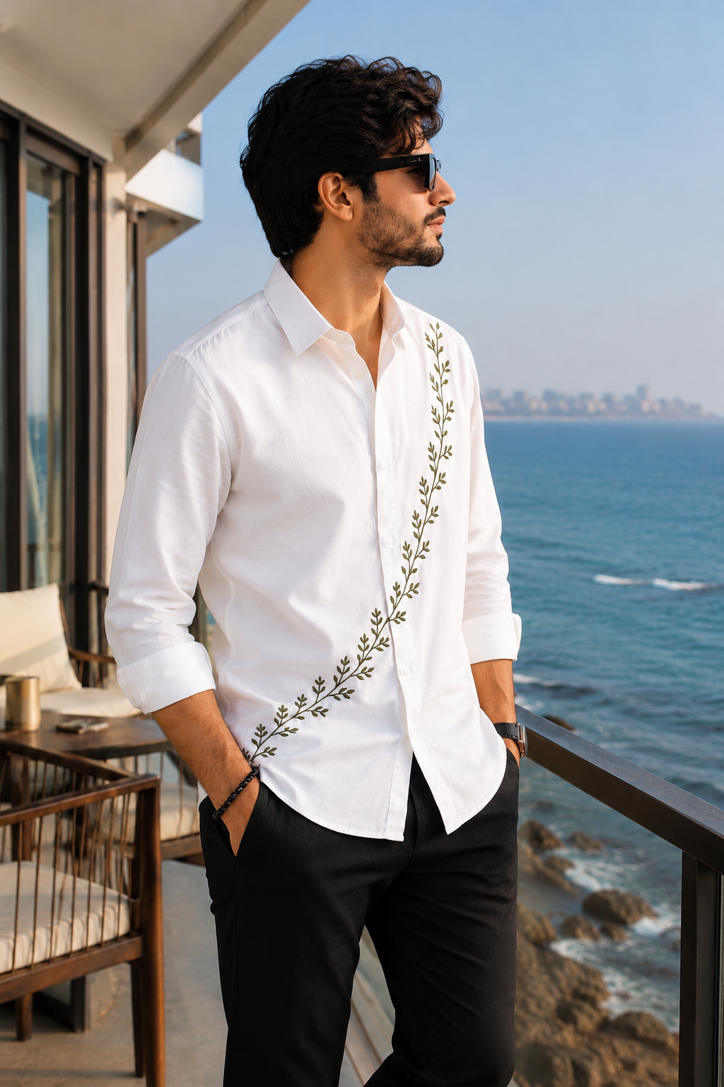 Premium Green Leaves Floral Handwork Men’s White Shirt
